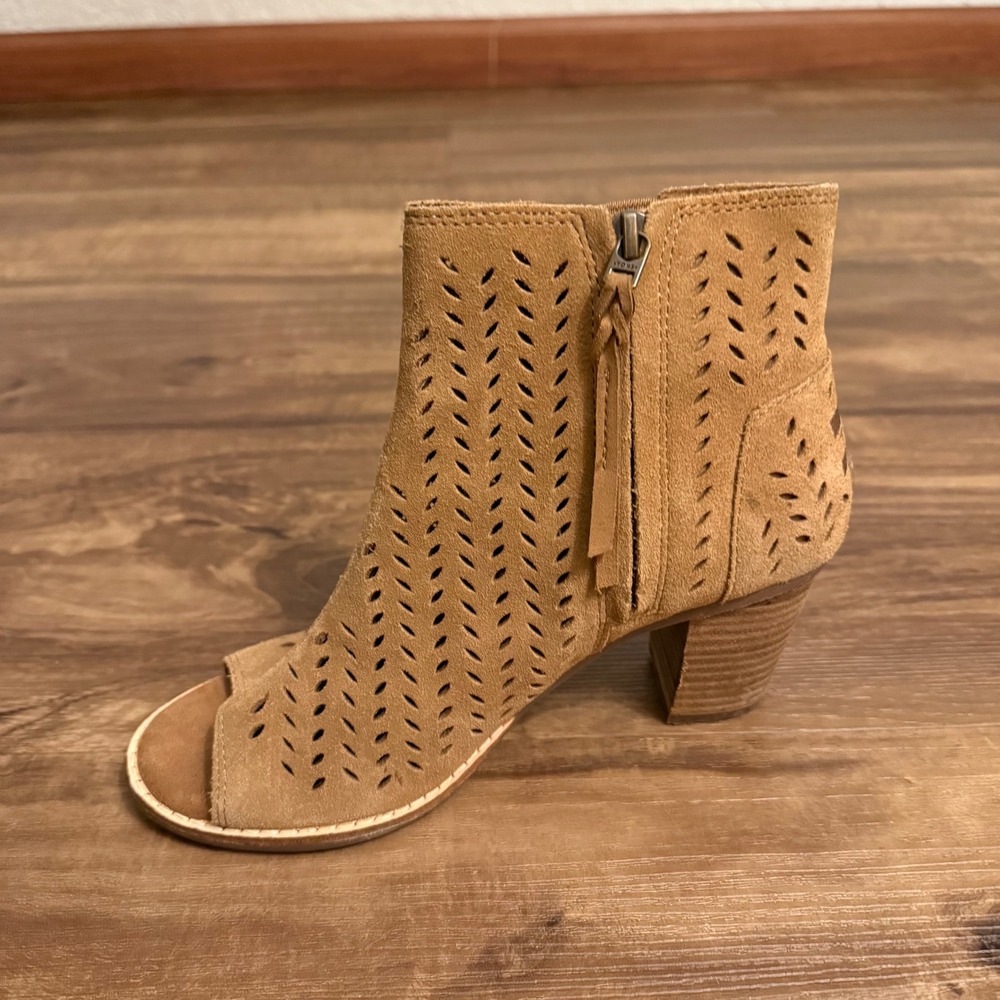 Toms Majorca Peep Toe Booties Suede‎ Leather Ankle Boots Heeled Tan Sz 6.5 - Picture 4 of 8